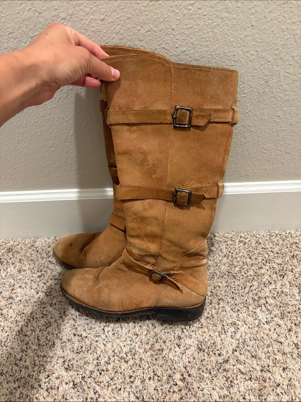 Gianni Bini Tan Suede Over-the-Knee Buckle Boots